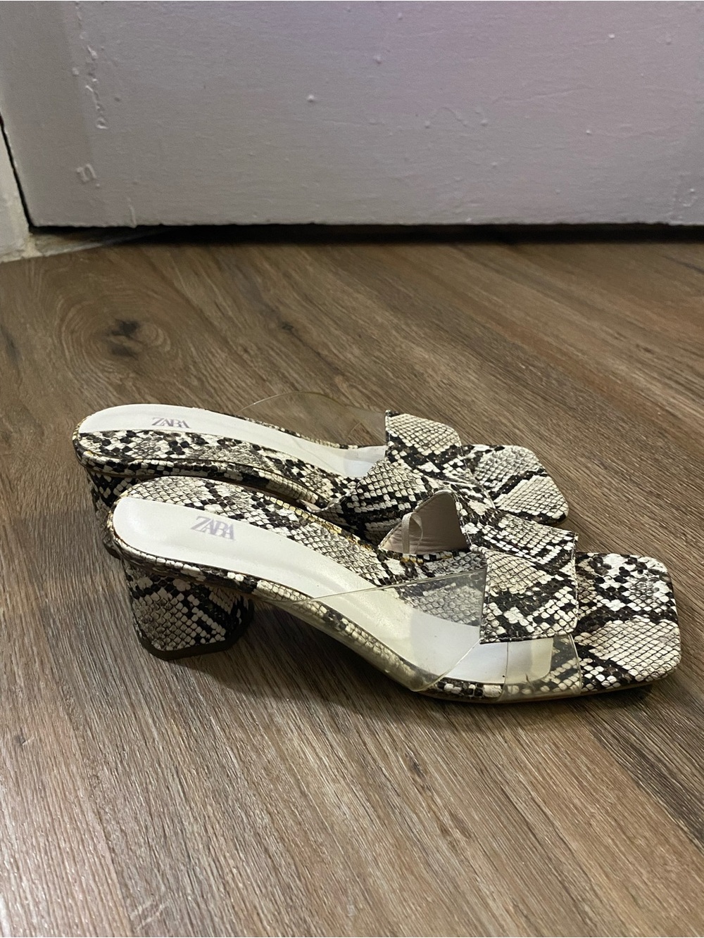 Zara Snake-Print Mid Block Heel Mules in Black & Cream